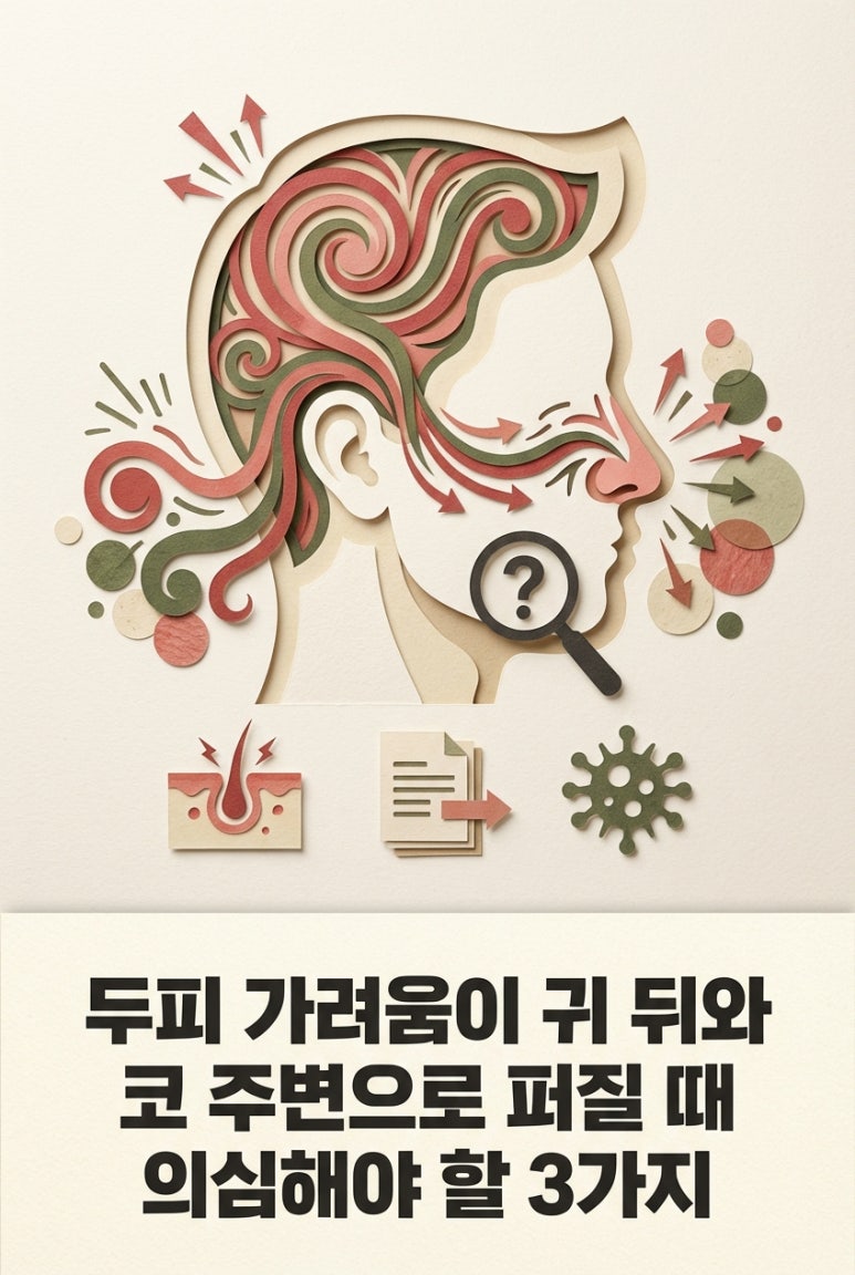 "머리가 가려워서 긁었는데, 이제 귀 뒤와 코 옆까지 붉고 가렵네요.":두피 가려움이 귀 뒤와 코 주변으로 퍼질 때 의심해야 할 3가지