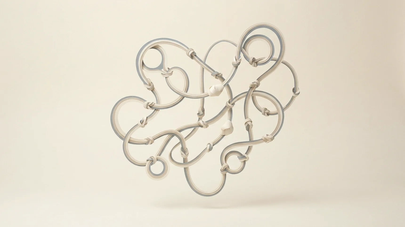 섬유근육통 — 하나로 이어진 종이끈 그물에서 여러 매듭만 유난히 부풀어 오른 모습을 종이공예로 표현한 이미지